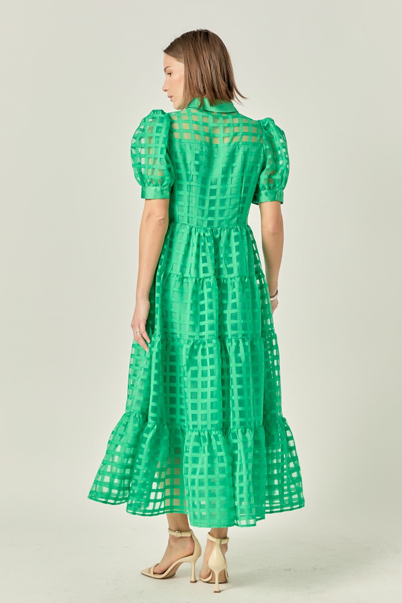 Grid Organza Tiered Midi Dress