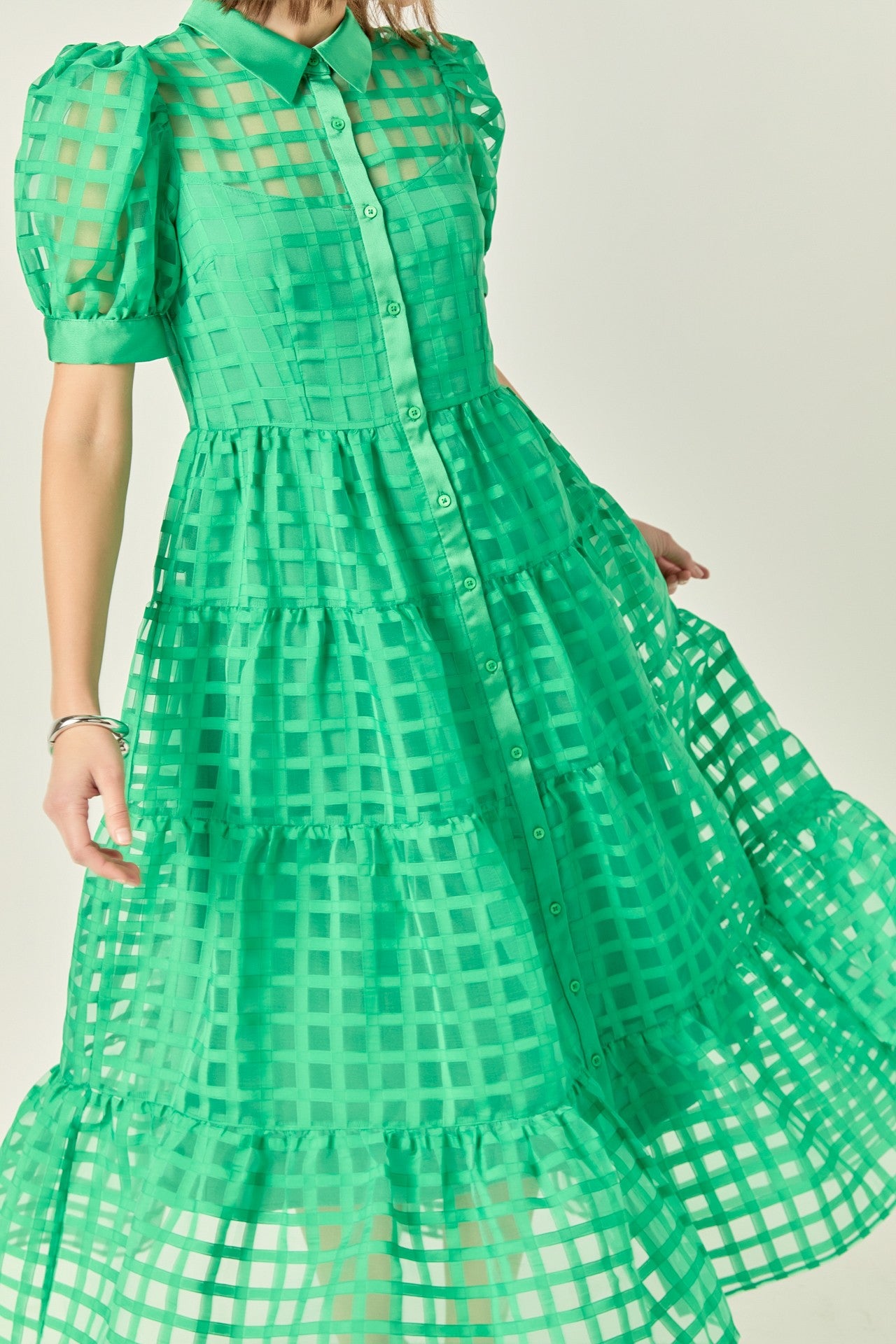 Grid Organza Tiered Midi Dress