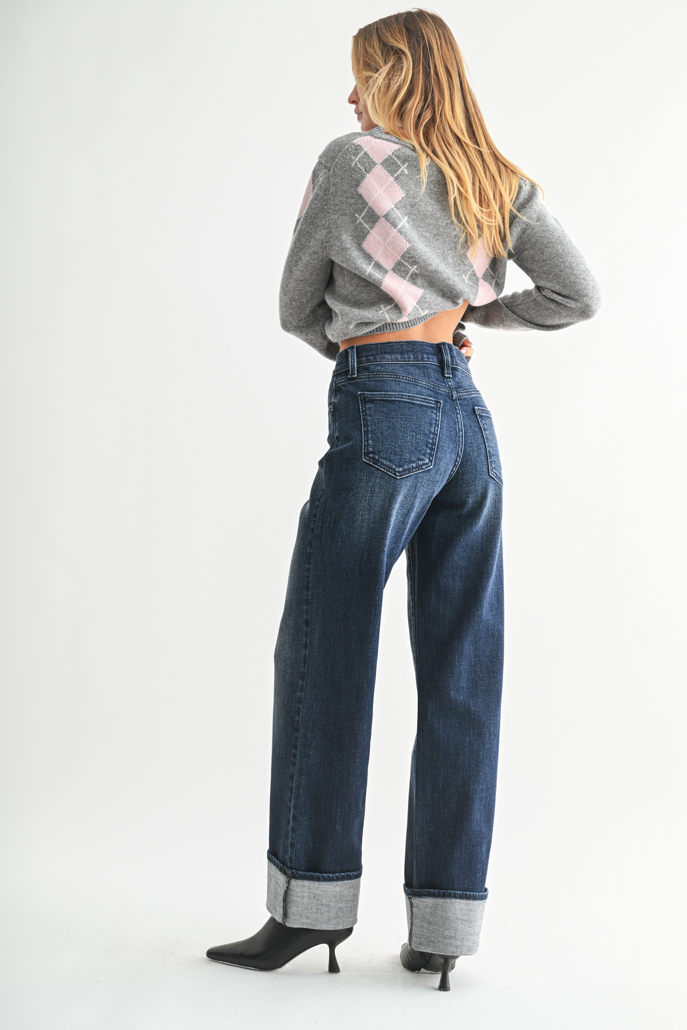 High Waist Cuffed Wide Leg Jeans