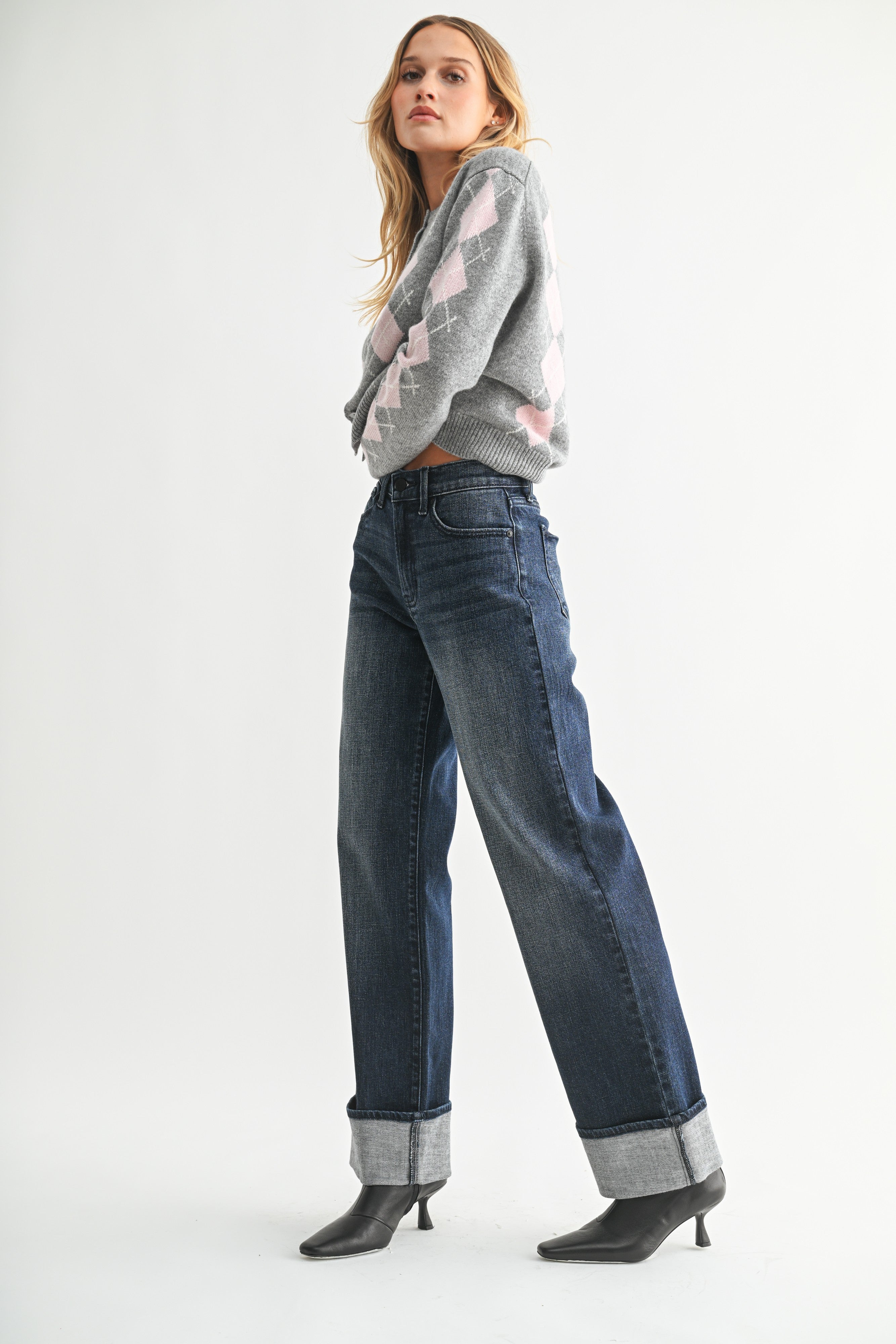 High Waist Cuffed Wide Leg Jeans